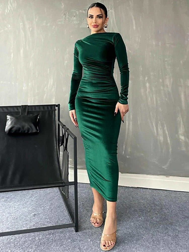 AIMÉEVOGUE VELVET LONG SLEEVE MIDI RUCHED LONG DRESS