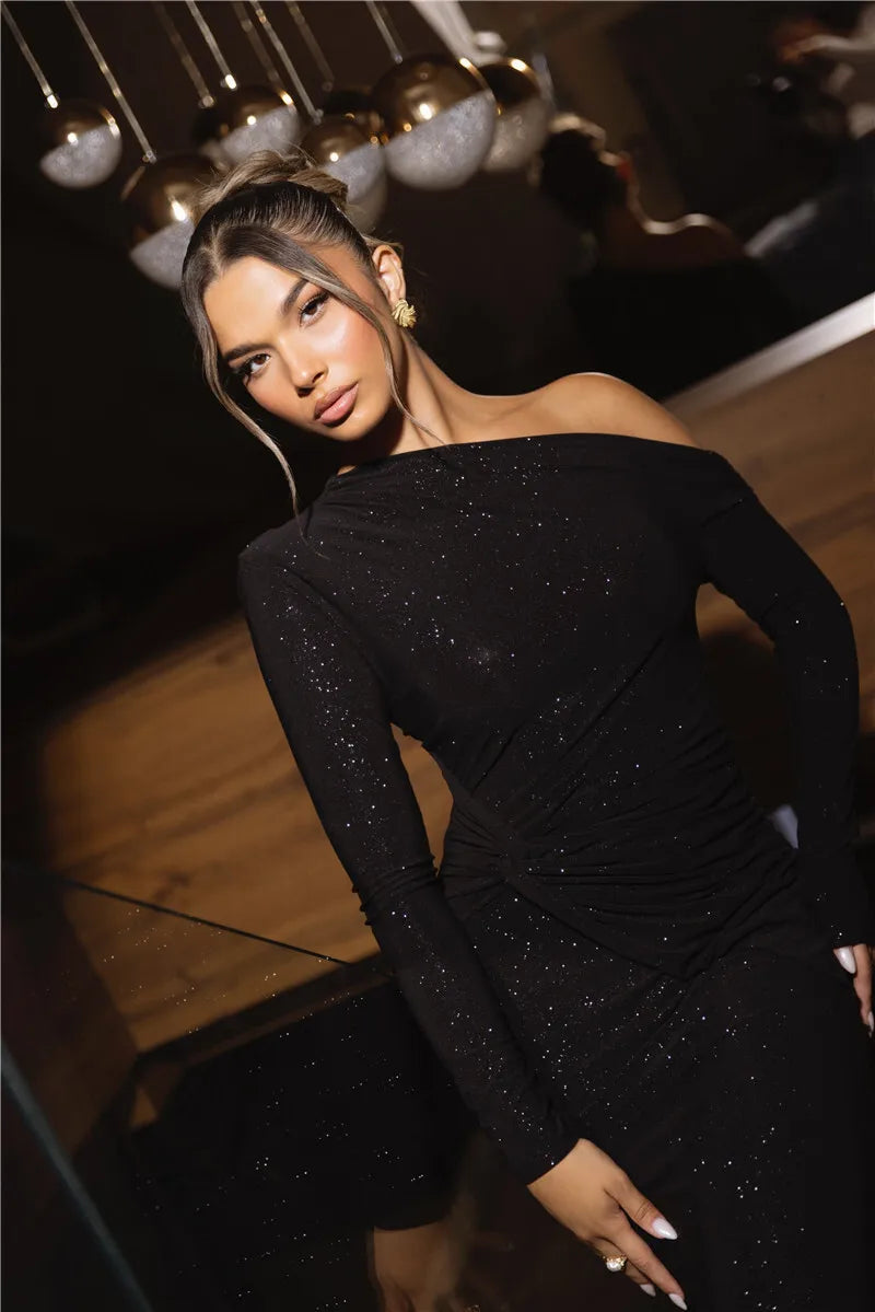 AIMÉEVOGUE SPARKLE MAXI RUCHED DRESS