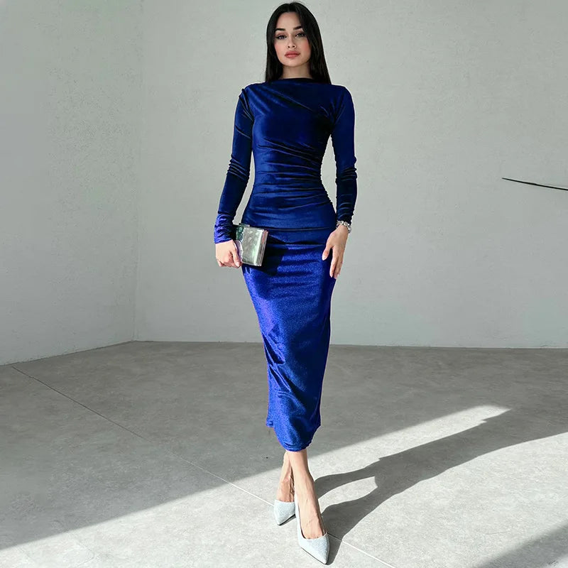 AIMÉEVOGUE VELVET LONG SLEEVE MIDI RUCHED LONG DRESS