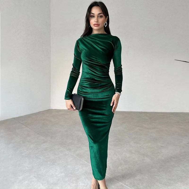 AIMÉEVOGUE VELVET LONG SLEEVE MIDI RUCHED LONG DRESS