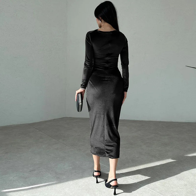 AIMÉEVOGUE VELVET LONG SLEEVE MIDI RUCHED LONG DRESS
