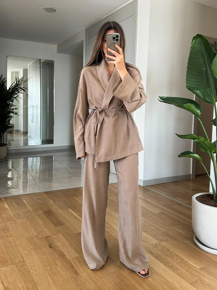 AIMÉEVOGUE Khaki Drawstring Long Sleeve Cardgian Blouse Suit